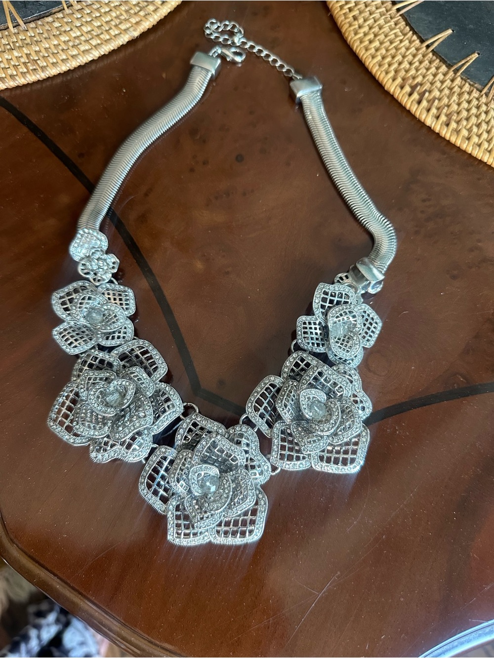 Silver Floral Crystal Statement Necklace for Women